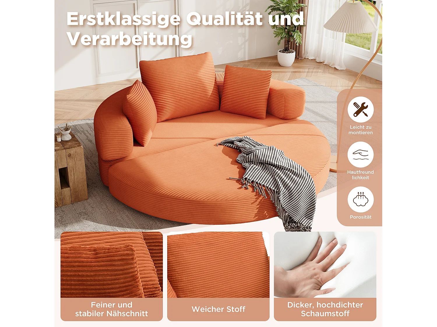 Canapé-lit pliant sans structure - 173 x 176 x 40 cm - canapé modulable convertible avec coussins - velours - orange