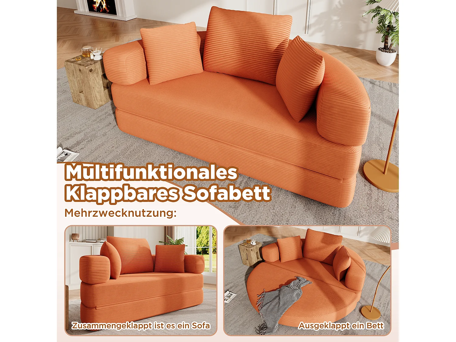 Canapé-lit pliant sans structure - 173 x 176 x 40 cm - canapé modulable convertible avec coussins - velours - orange