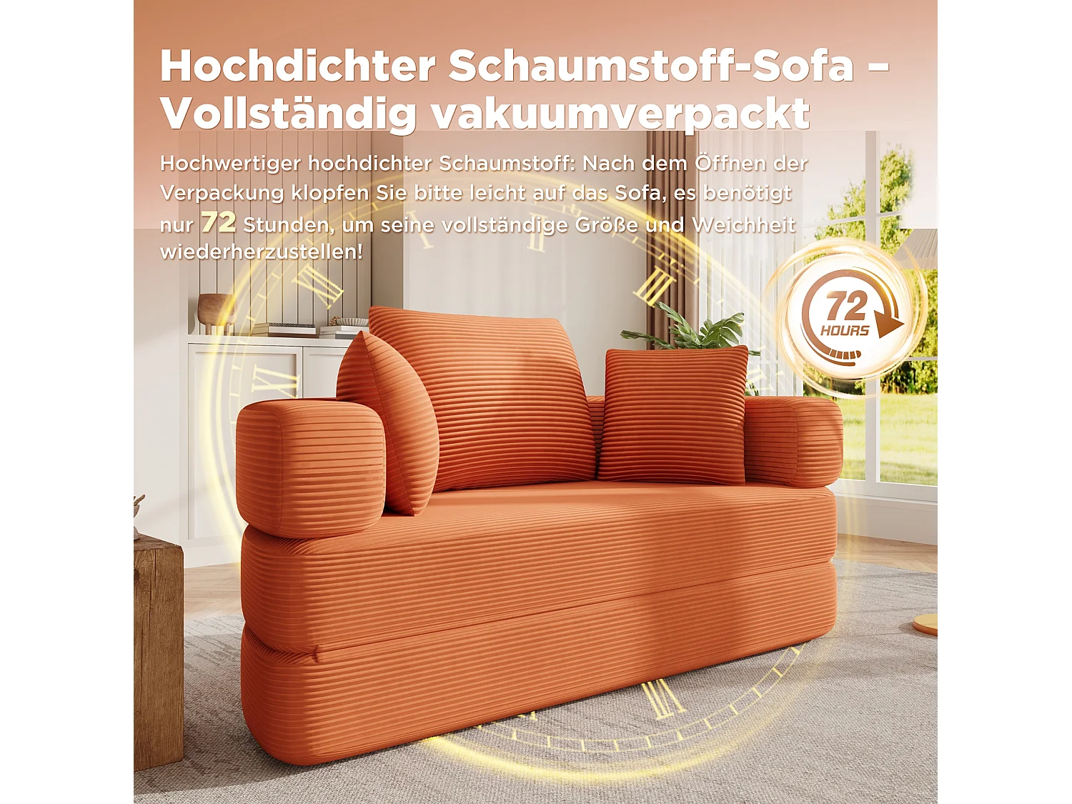 Canapé-lit pliant sans structure - 173 x 176 x 40 cm - canapé modulable convertible avec coussins - velours - orange