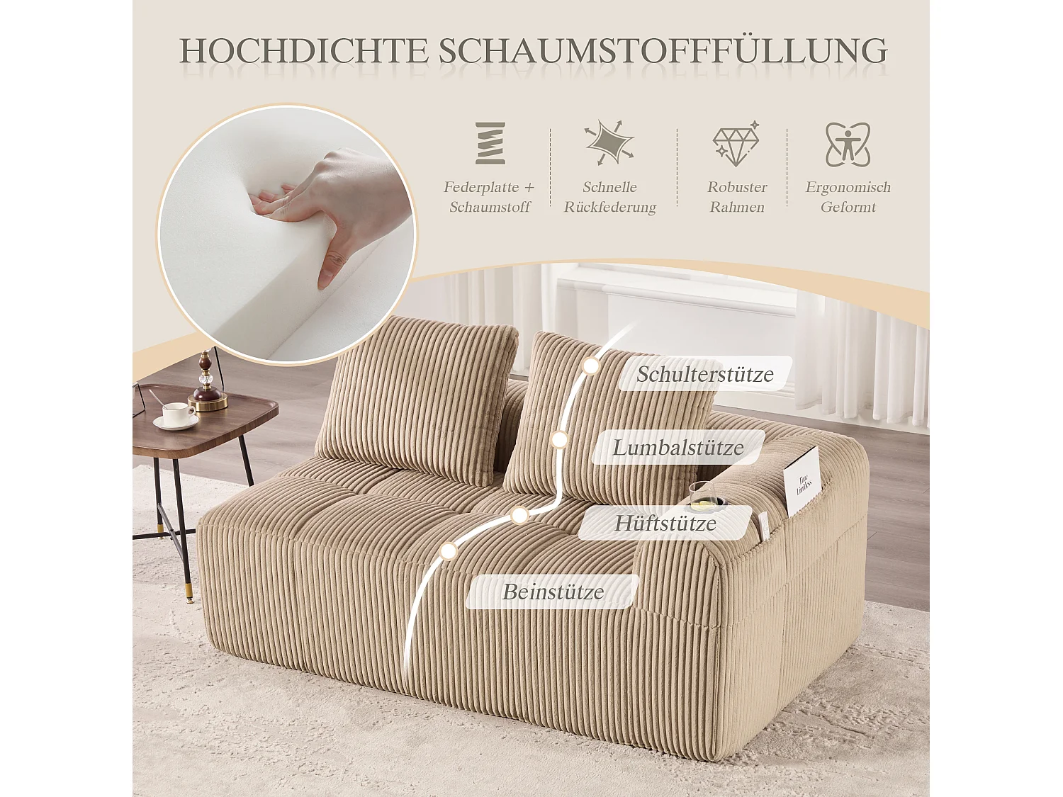 Canapé 2 places confortable - 158 x 93 x 61 cm - aucun assemblage requis - avec coussins de dossier + poche - velours - kaki