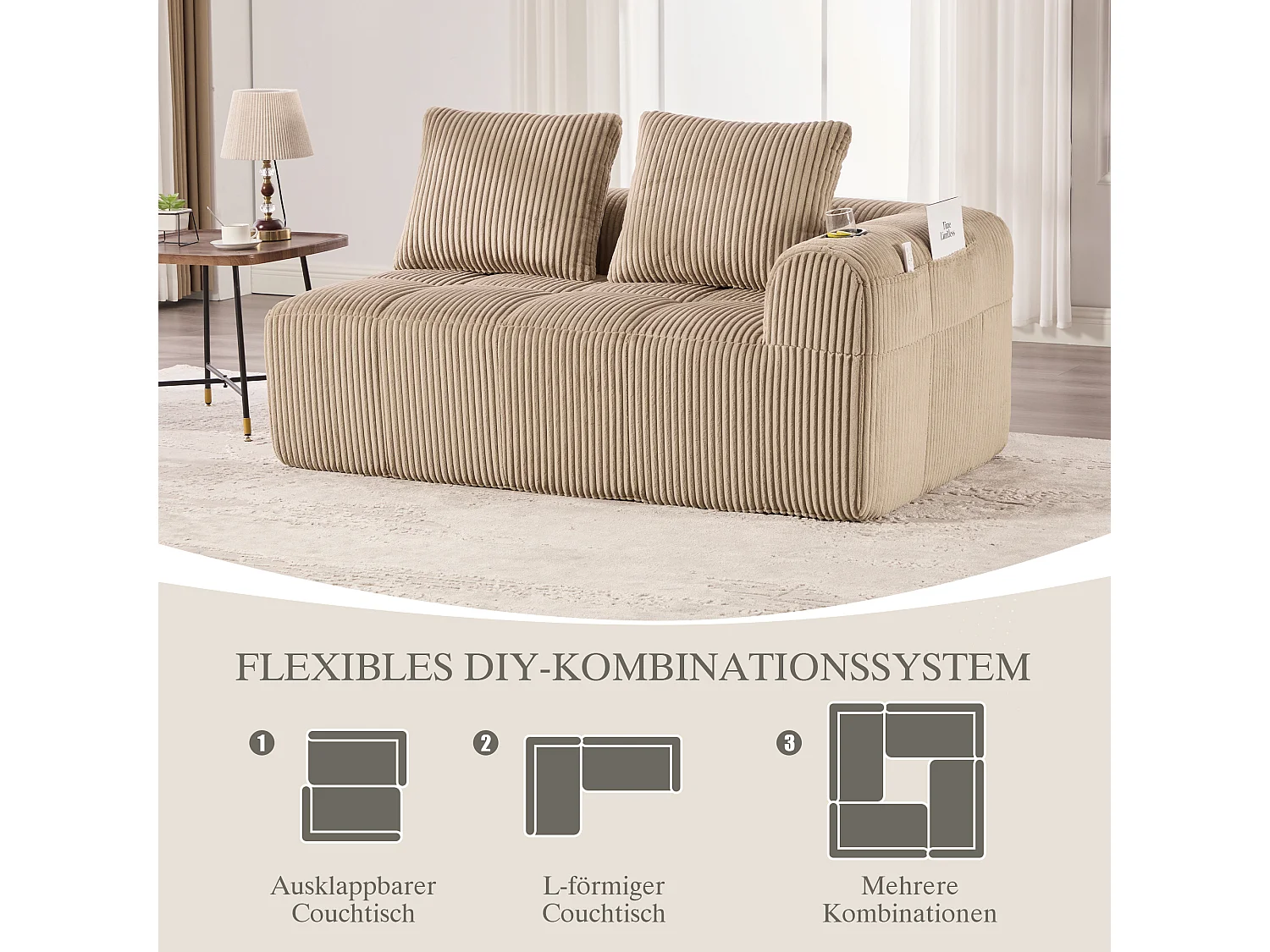 Canapé 2 places confortable - 158 x 93 x 61 cm - aucun assemblage requis - avec coussins de dossier + poche - velours - kaki