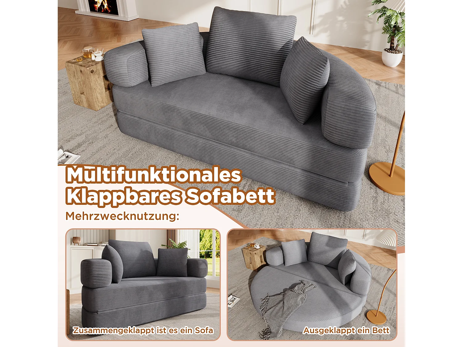 Canapé-lit pliant sans structure - 173 x 176 x 40 cm - canapé modulable convertible avec coussins - velours - gris