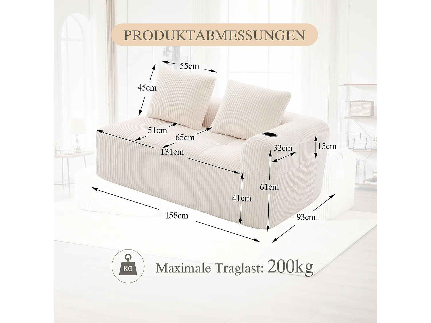 Canapé 2 places confortable - 158 x 93 x 61 cm - aucun assemblage requis - avec coussins de dossier + poche - velours - beige