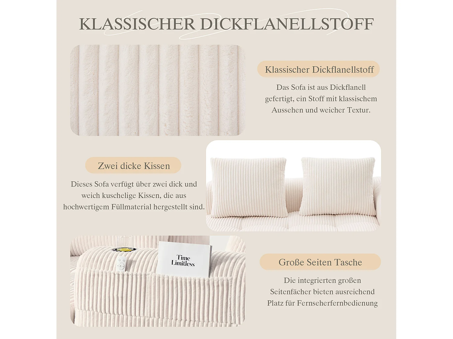 Canapé 2 places confortable - 158 x 93 x 61 cm - aucun assemblage requis - avec coussins de dossier + poche - velours - beige