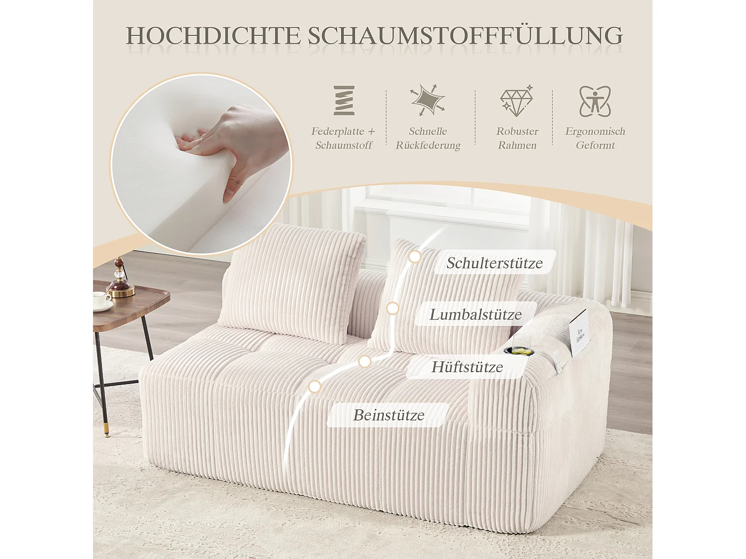 Canapé 2 places confortable - 158 x 93 x 61 cm - aucun assemblage requis - avec coussins de dossier + poche - velours - beige