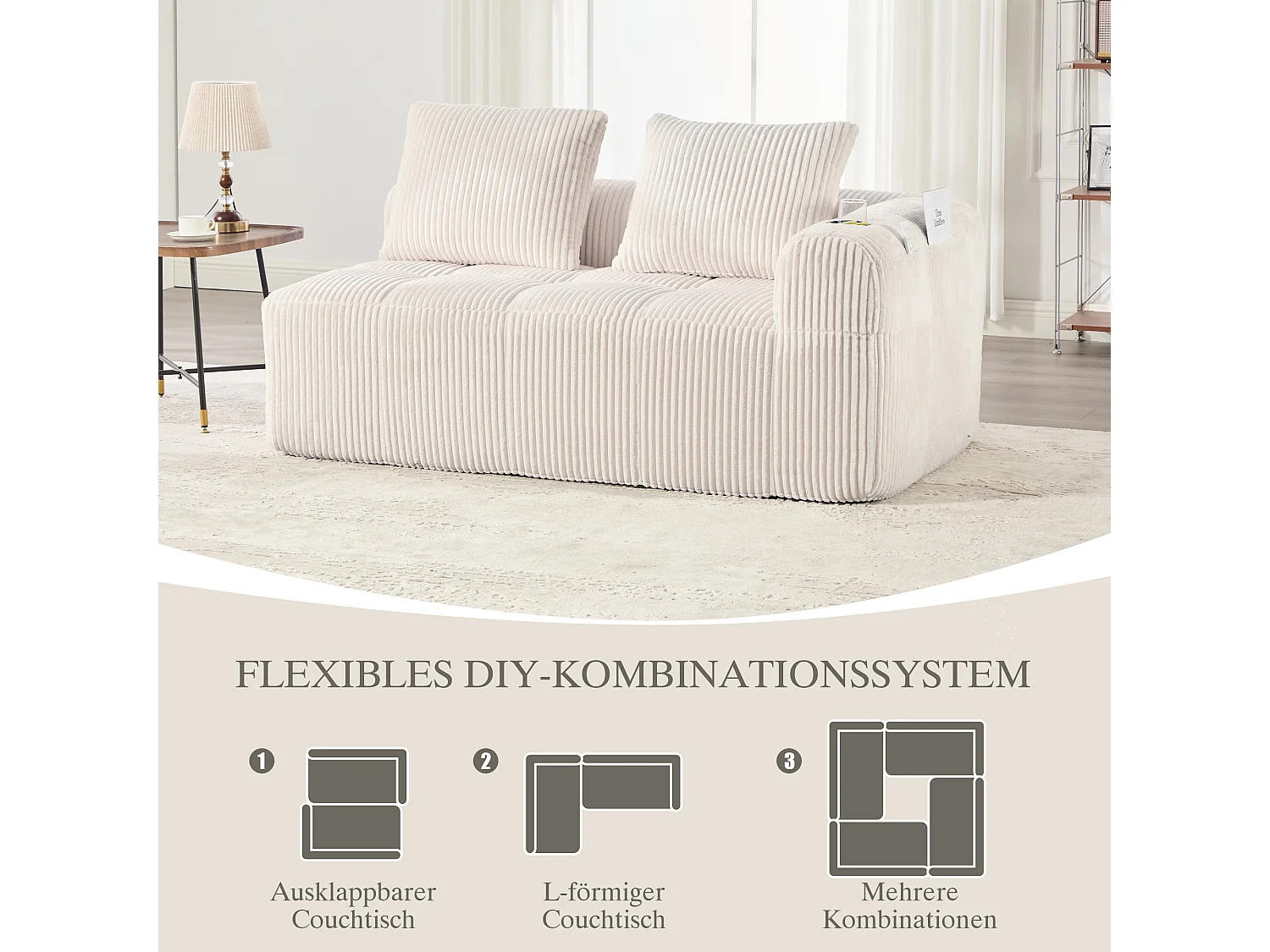 Canapé 2 places confortable - 158 x 93 x 61 cm - aucun assemblage requis - avec coussins de dossier + poche - velours - beige