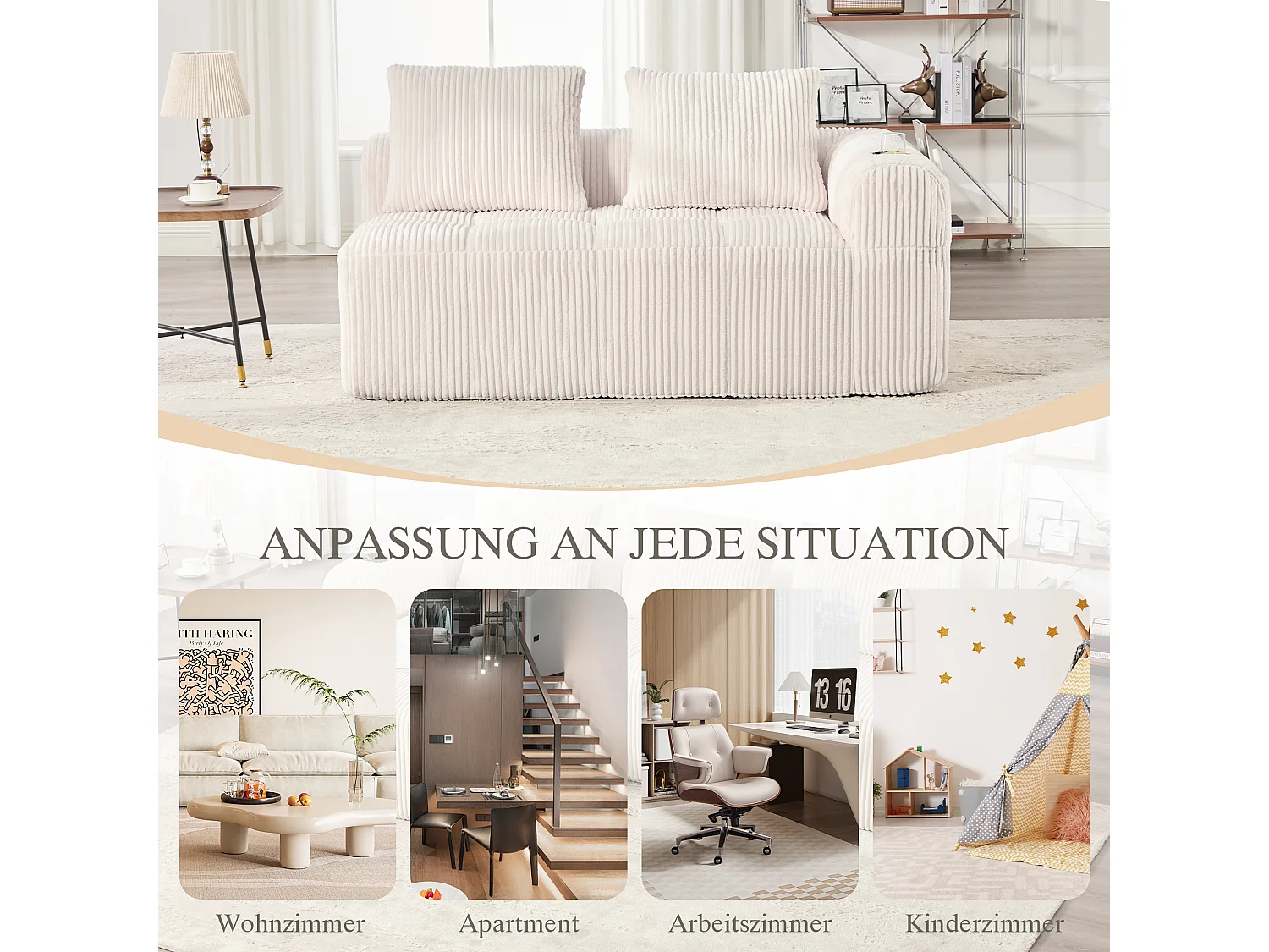 Canapé 2 places confortable - 158 x 93 x 61 cm - aucun assemblage requis - avec coussins de dossier + poche - velours - beige