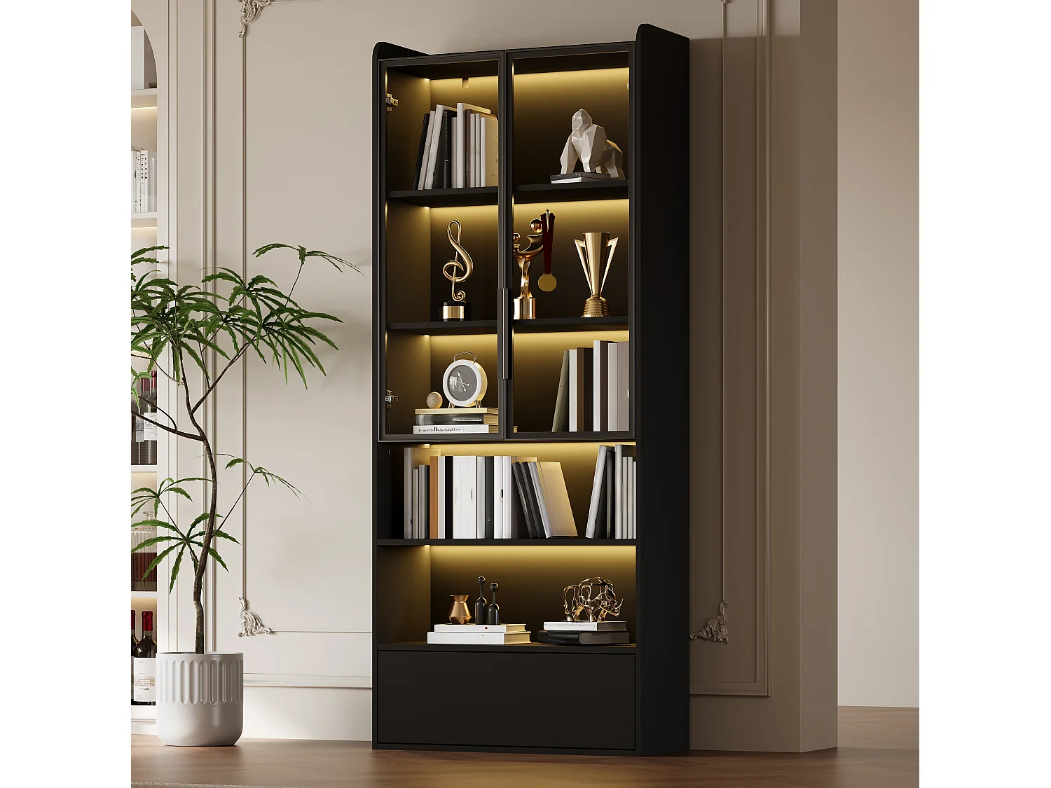 Hohe Glasvitrine – 80 x 34 x 180 cm – mit 1 Schublade + Glastüren + LEDs + offenem Fach – MDF + Glas – schwarz