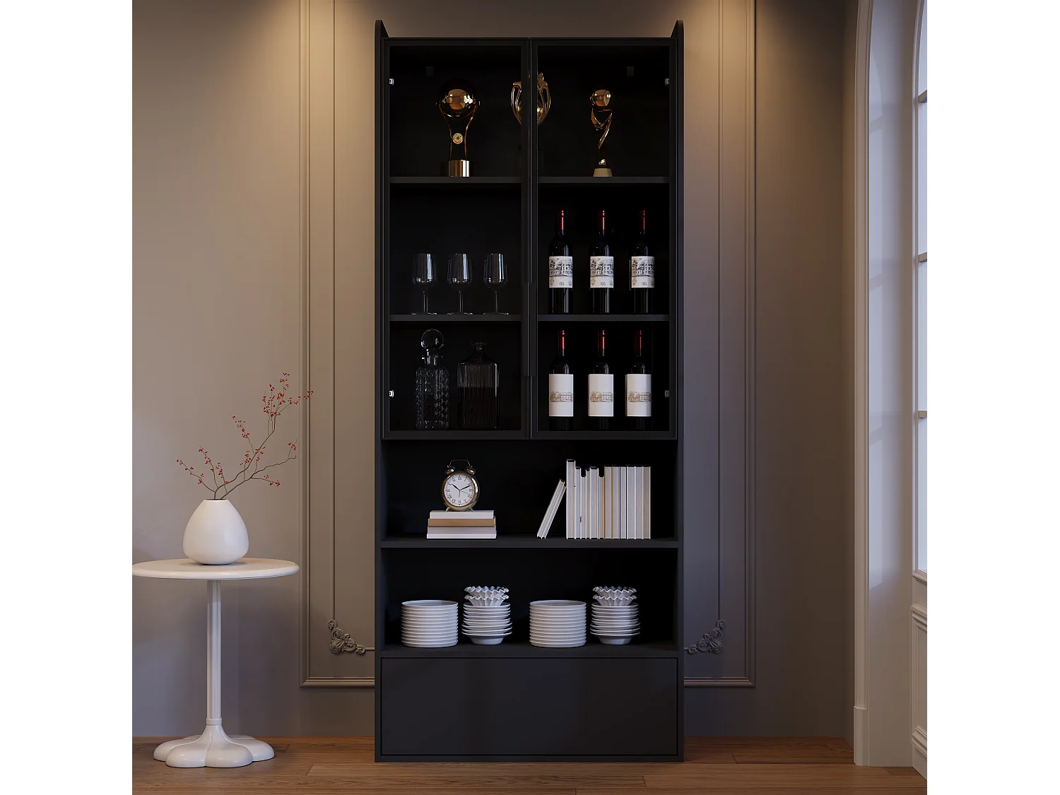 Hohe Glasvitrine – 80 x 34 x 180 cm – mit 1 Schublade + Glastüren + LEDs + offenem Fach – MDF + Glas – schwarz