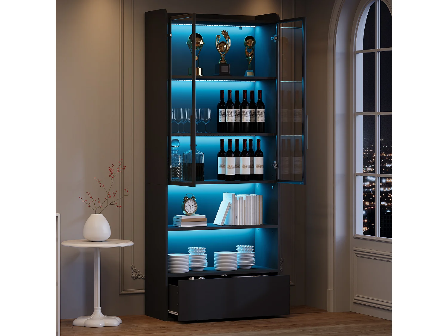 Hohe Glasvitrine – 80 x 34 x 180 cm – mit 1 Schublade + Glastüren + LEDs + offenem Fach – MDF + Glas – schwarz