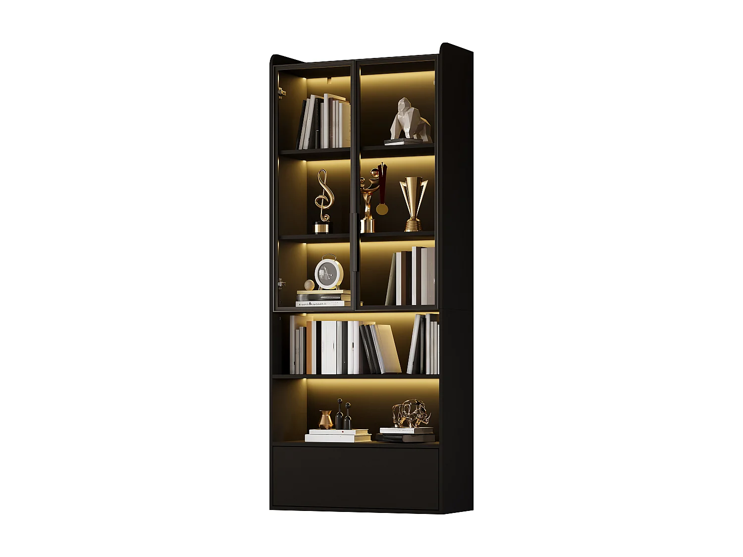Hohe Glasvitrine – 80 x 34 x 180 cm – mit 1 Schublade + Glastüren + LEDs + offenem Fach – MDF + Glas – schwarz