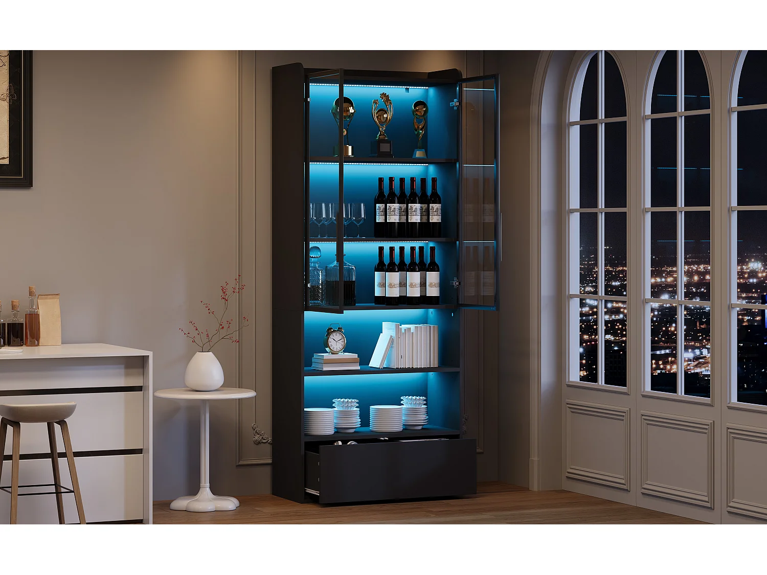 Hohe Glasvitrine – 80 x 34 x 180 cm – mit 1 Schublade + Glastüren + LEDs + offenem Fach – MDF + Glas – schwarz