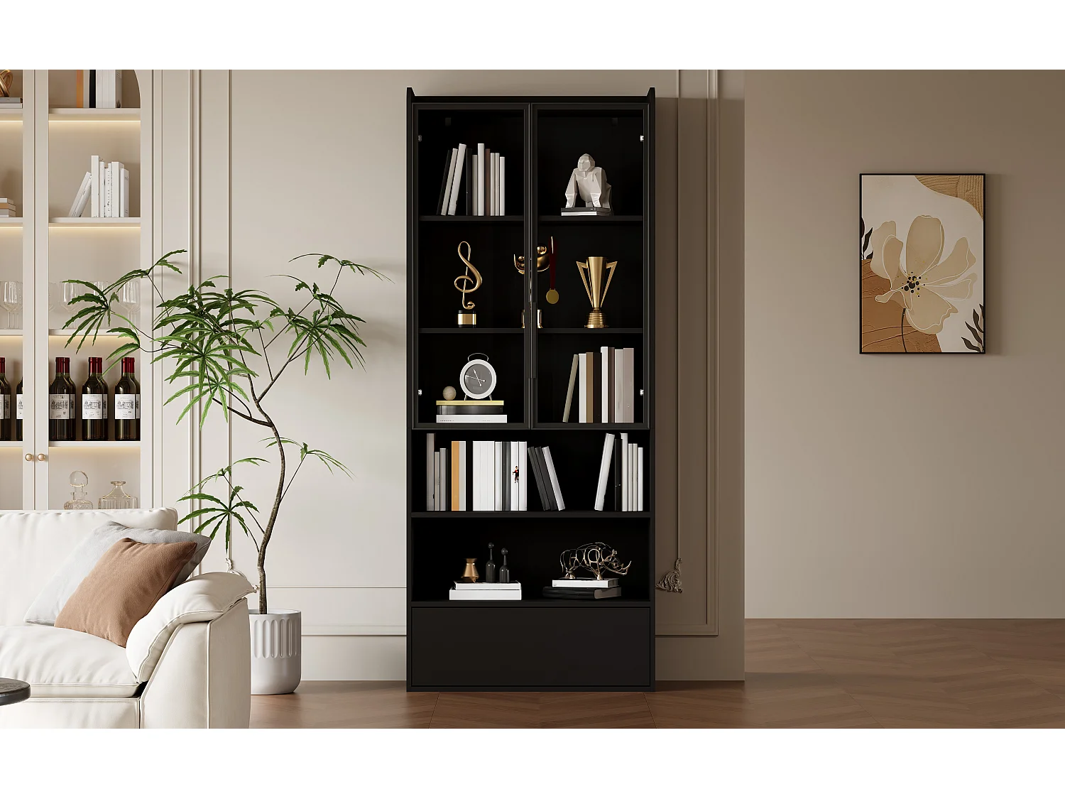 Hohe Glasvitrine – 80 x 34 x 180 cm – mit 1 Schublade + Glastüren + LEDs + offenem Fach – MDF + Glas – schwarz