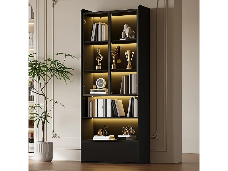 Hohe Glasvitrine – 80 x 34 x 180 cm – mit 1 Schublade + Glastüren + LEDs + offenem Fach – MDF + Glas – schwarz