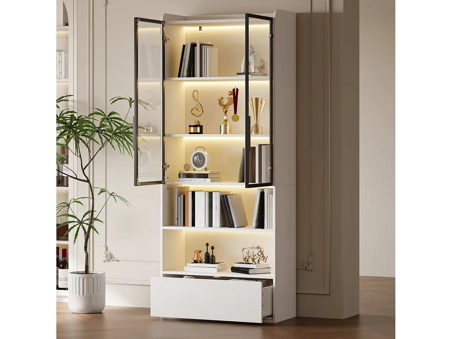 Hohe Glasvitrine – 80 x 34 x 180 cm – mit 1 Schublade + Glastüren + LEDs + offenem Fach – MDF + Glas – weiß