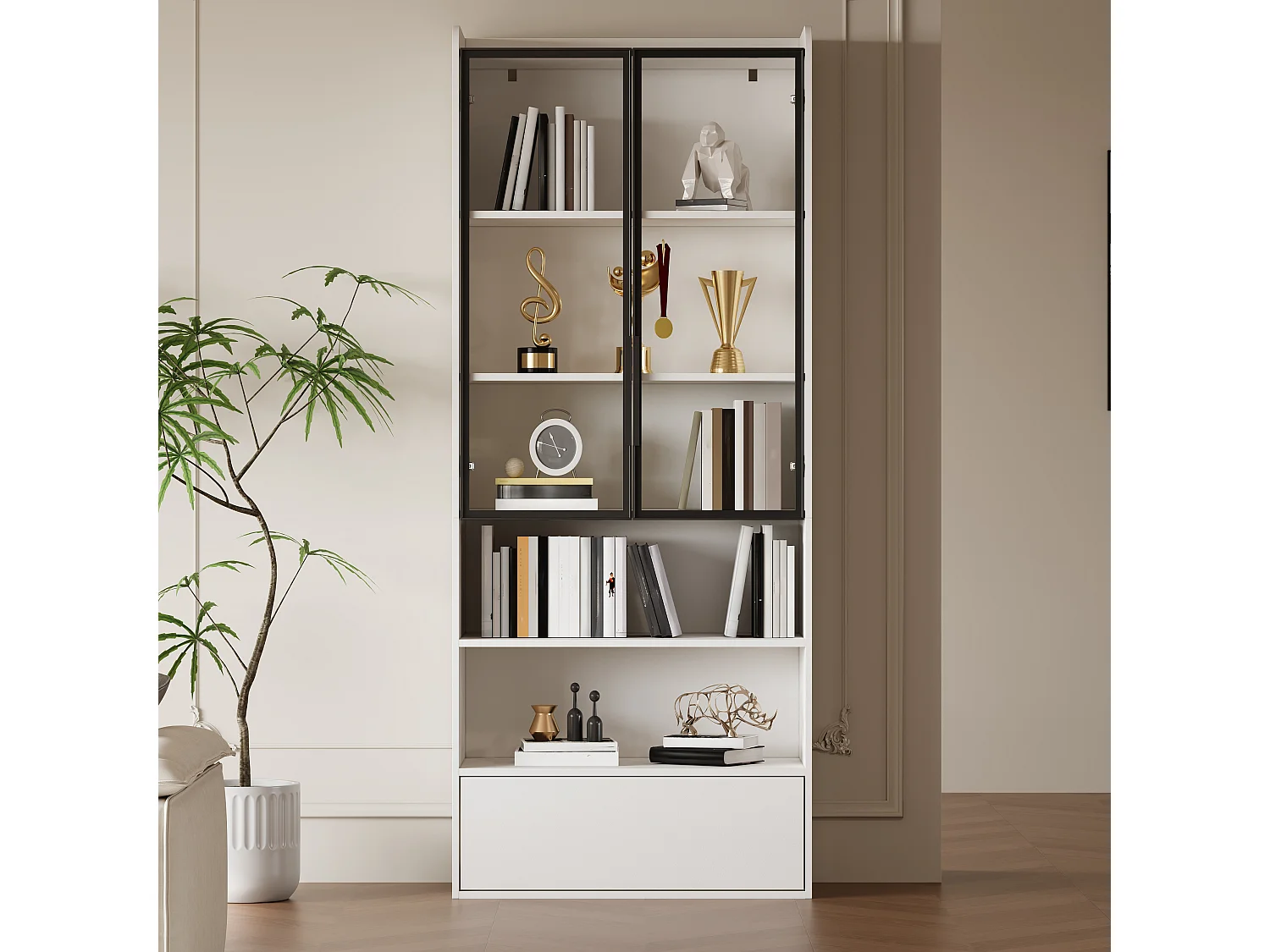 Hohe Glasvitrine – 80 x 34 x 180 cm – mit 1 Schublade + Glastüren + LEDs + offenem Fach – MDF + Glas – weiß