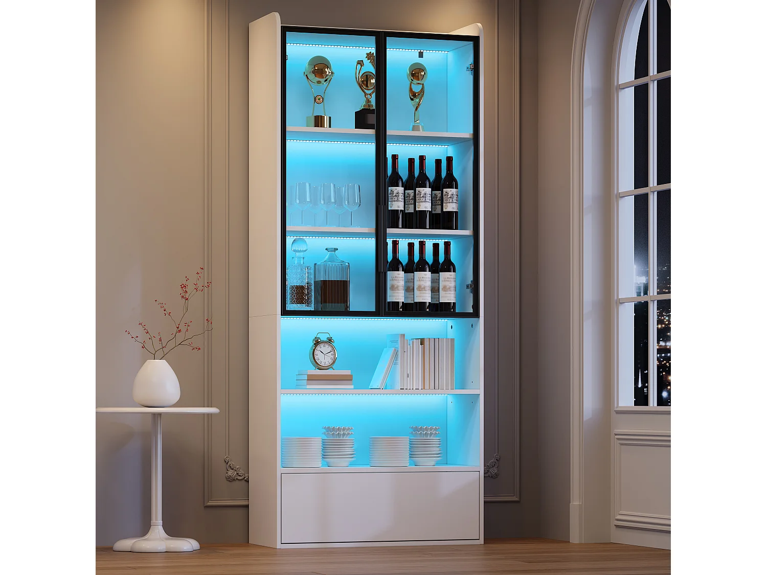 Hohe Glasvitrine – 80 x 34 x 180 cm – mit 1 Schublade + Glastüren + LEDs + offenem Fach – MDF + Glas – weiß