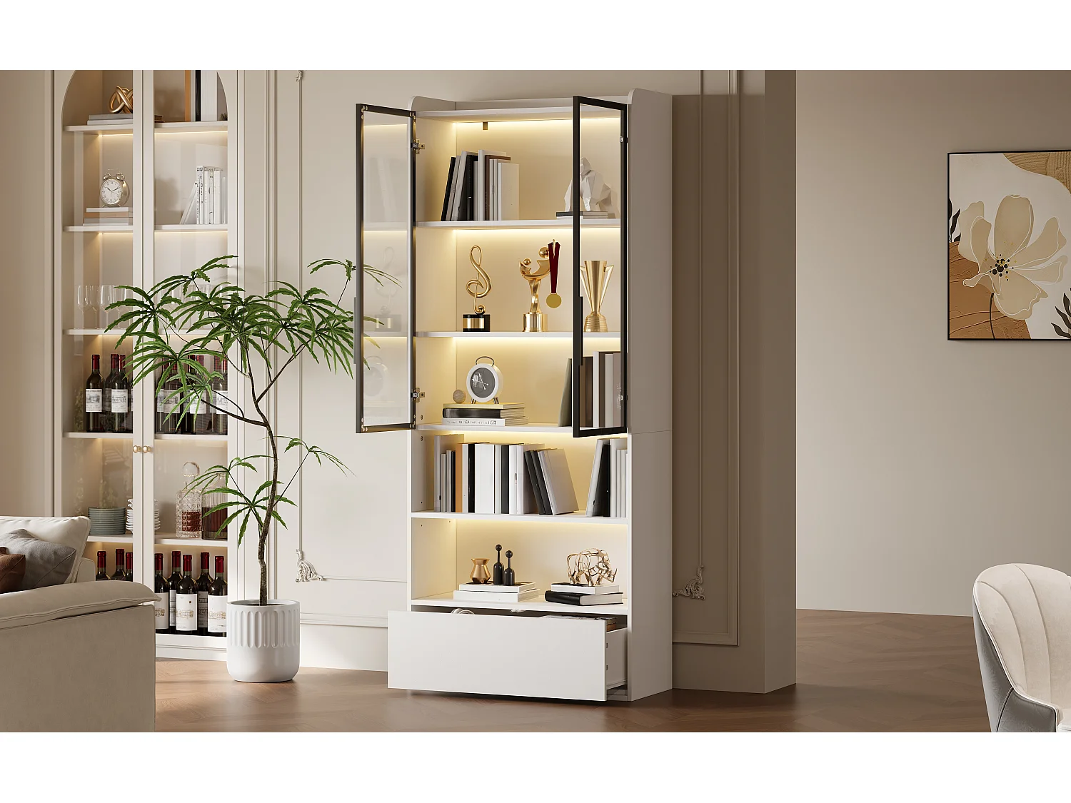 Hohe Glasvitrine – 80 x 34 x 180 cm – mit 1 Schublade + Glastüren + LEDs + offenem Fach – MDF + Glas – weiß