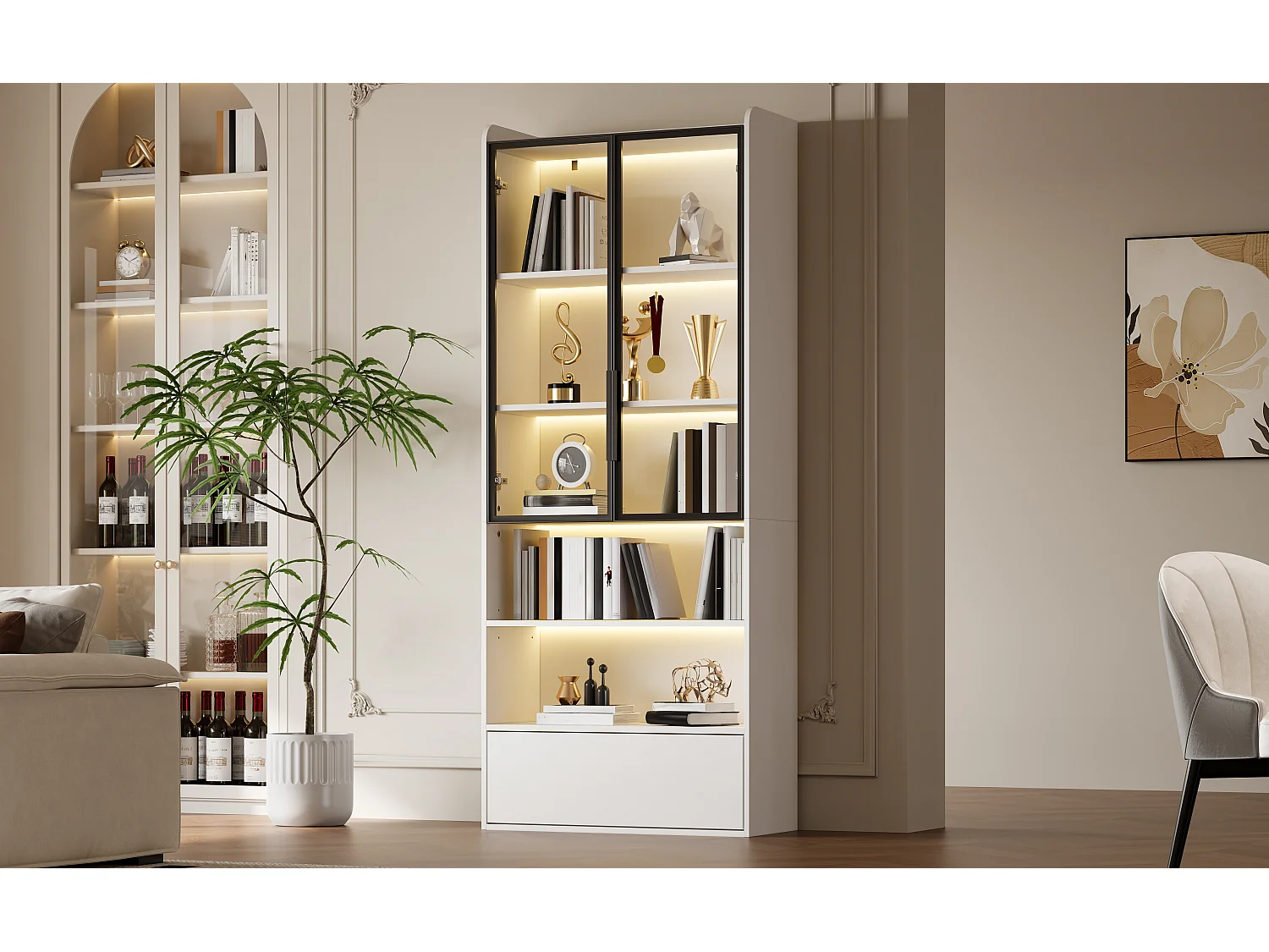 Hohe Glasvitrine – 80 x 34 x 180 cm – mit 1 Schublade + Glastüren + LEDs + offenem Fach – MDF + Glas – weiß