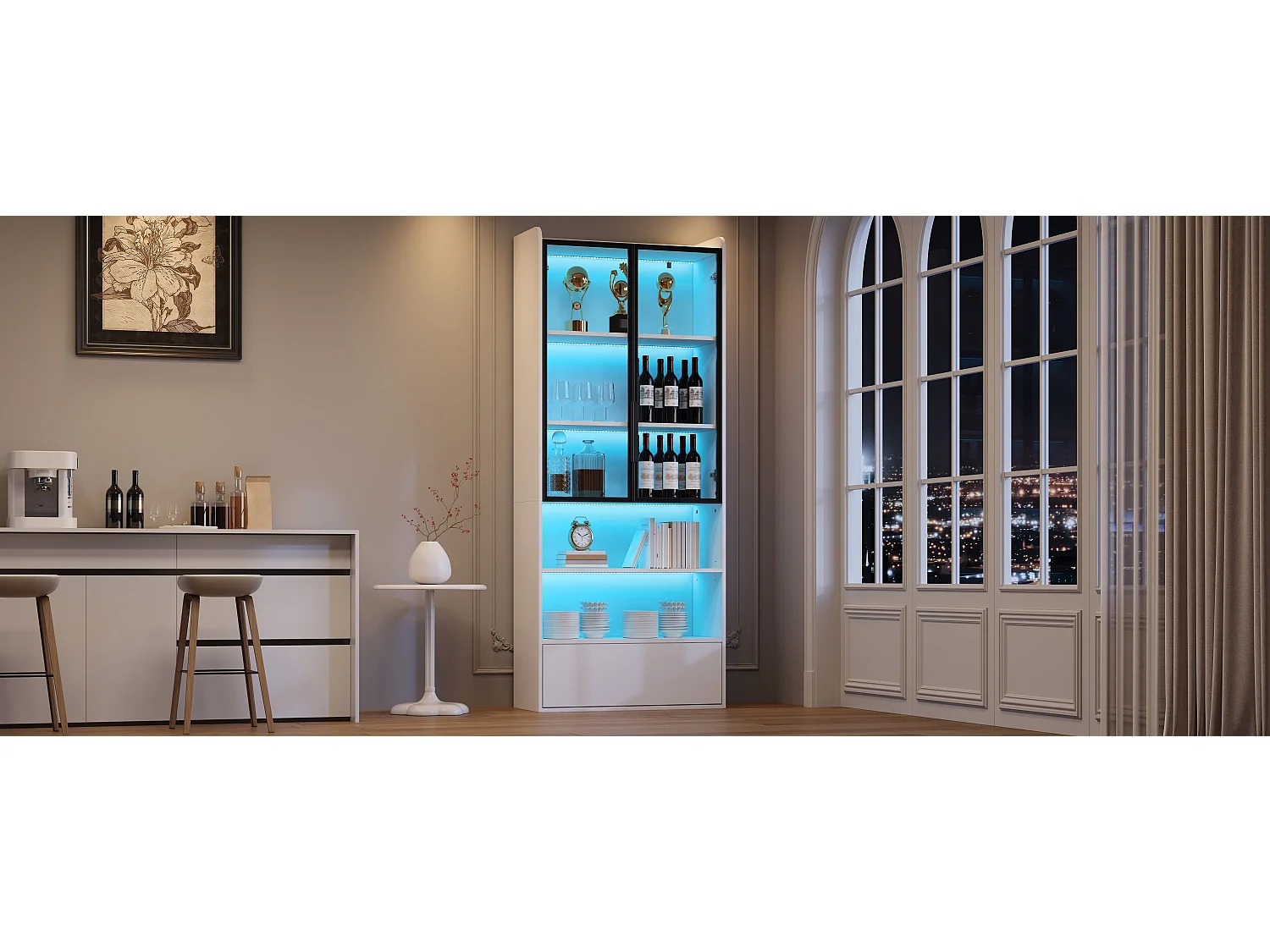 Hohe Glasvitrine – 80 x 34 x 180 cm – mit 1 Schublade + Glastüren + LEDs + offenem Fach – MDF + Glas – weiß