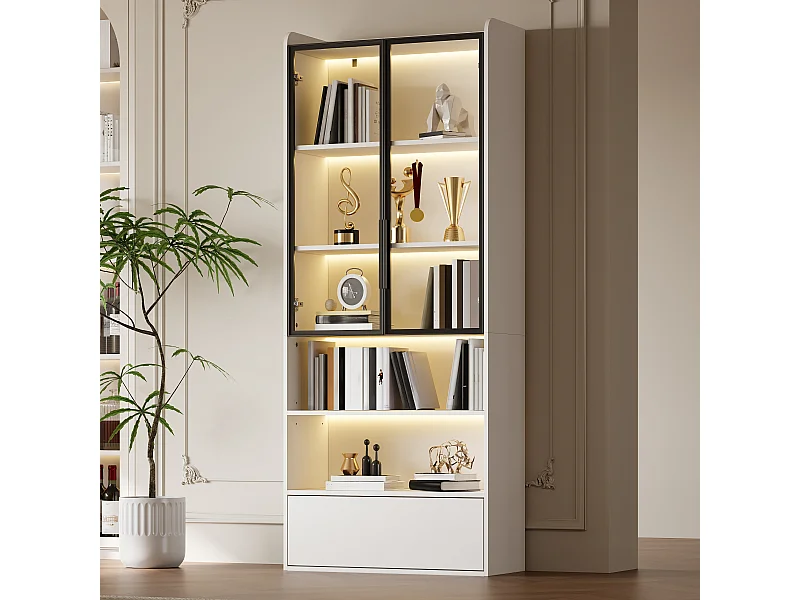 Hohe Glasvitrine – 80 x 34 x 180 cm – mit 1 Schublade + Glastüren + LEDs + offenem Fach – MDF + Glas – weiß