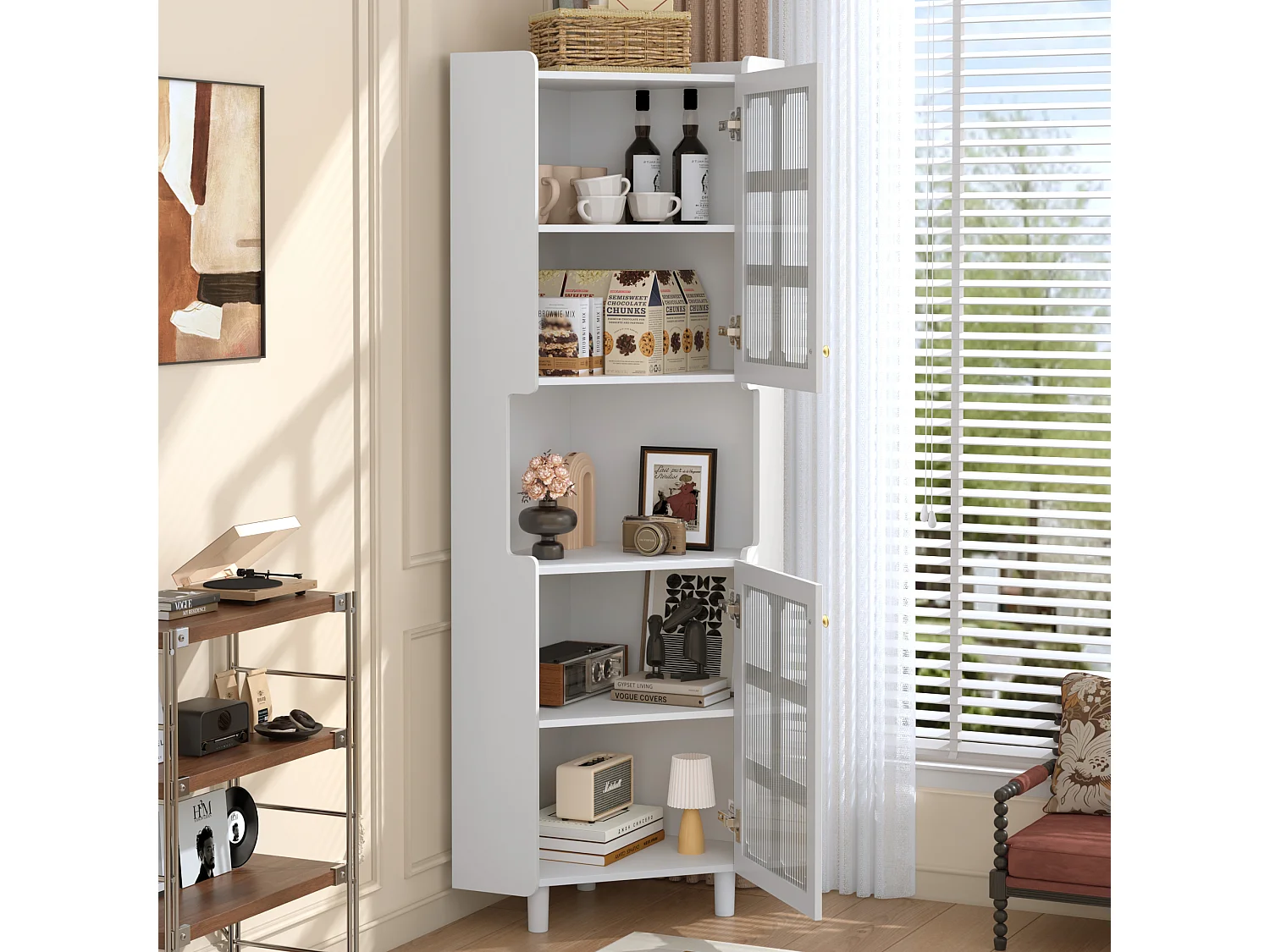 Lackierte Eckvitrine – 63,5 x 45 x 157,5 cm – mit LEDs, 2 Türen und Einlegeboden – MDF – weiß