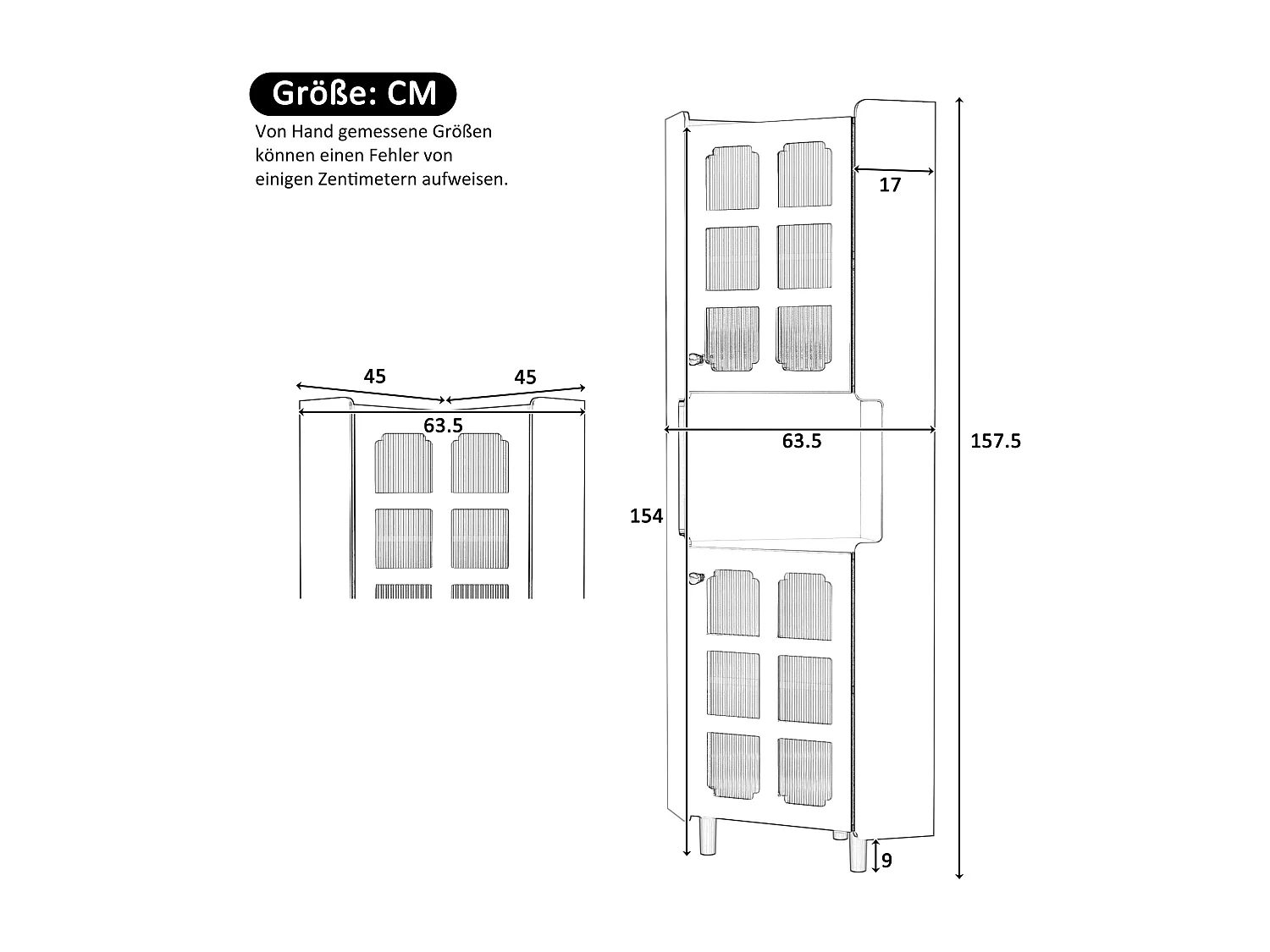 Lackierte Eckvitrine – 63,5 x 45 x 157,5 cm – mit LEDs, 2 Türen und Einlegeboden – MDF – weiß