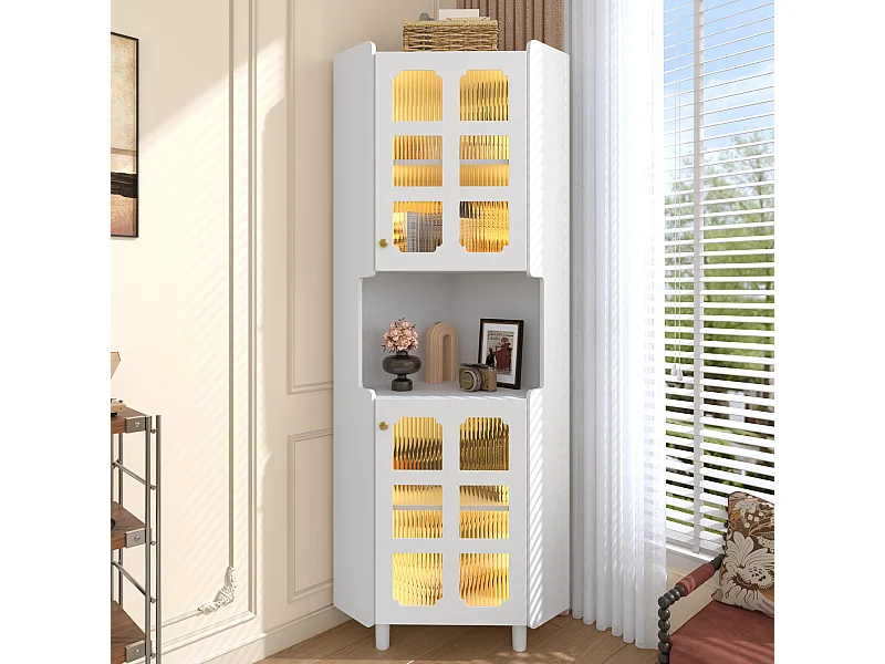 Lackierte Eckvitrine – 63,5 x 45 x 157,5 cm – mit LEDs, 2 Türen und Einlegeboden – MDF – weiß