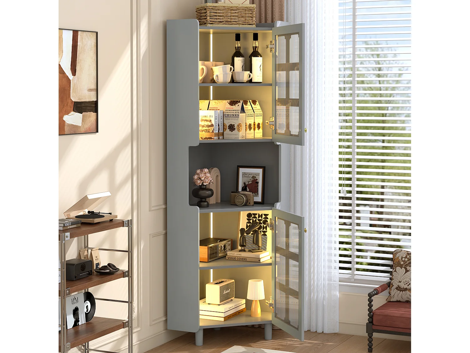 Lackierte Eckvitrine – 63,5 x 45 x 157,5 cm – mit LEDs, 2 Türen und Einlegeboden – MDF – grau