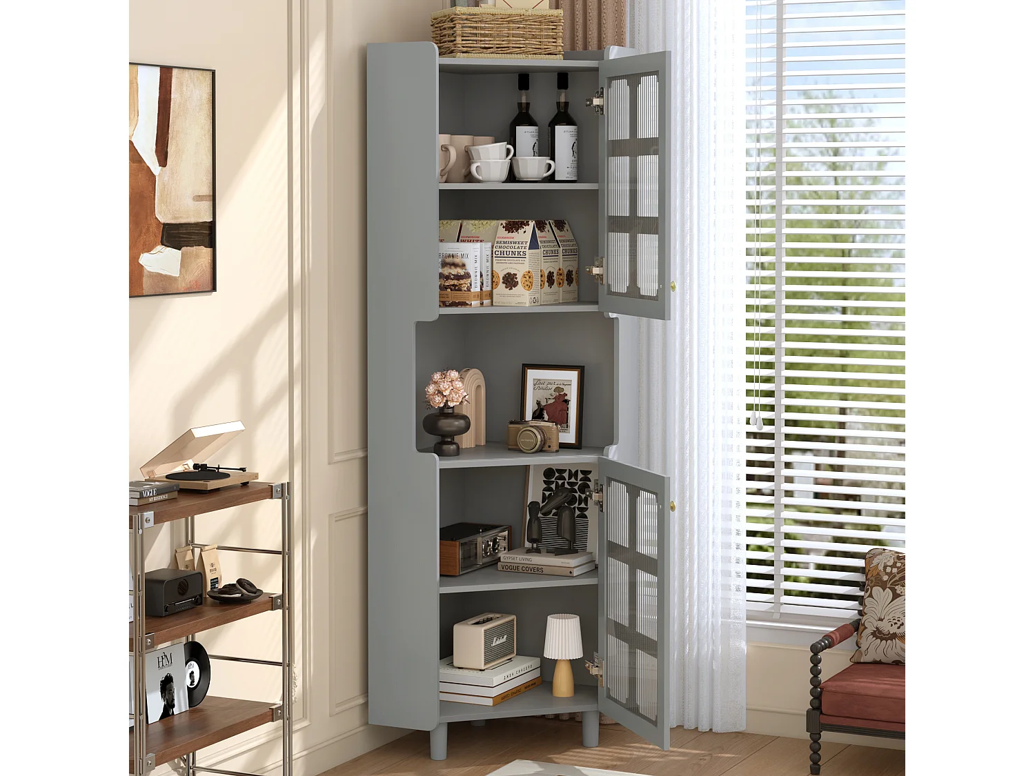 Lackierte Eckvitrine – 63,5 x 45 x 157,5 cm – mit LEDs, 2 Türen und Einlegeboden – MDF – grau