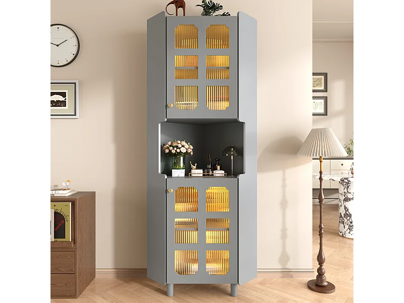 Lackierte Eckvitrine – 63,5 x 45 x 157,5 cm – mit LEDs, 2 Türen und Einlegeboden – MDF – grau