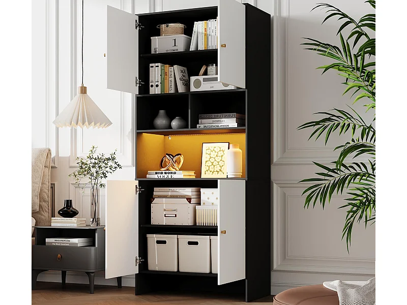 Vitrine 80x40x185cm - avec éclairage LED - avec 4 portes et 3 compartiments de rangement ouverts - Blanc + Noir