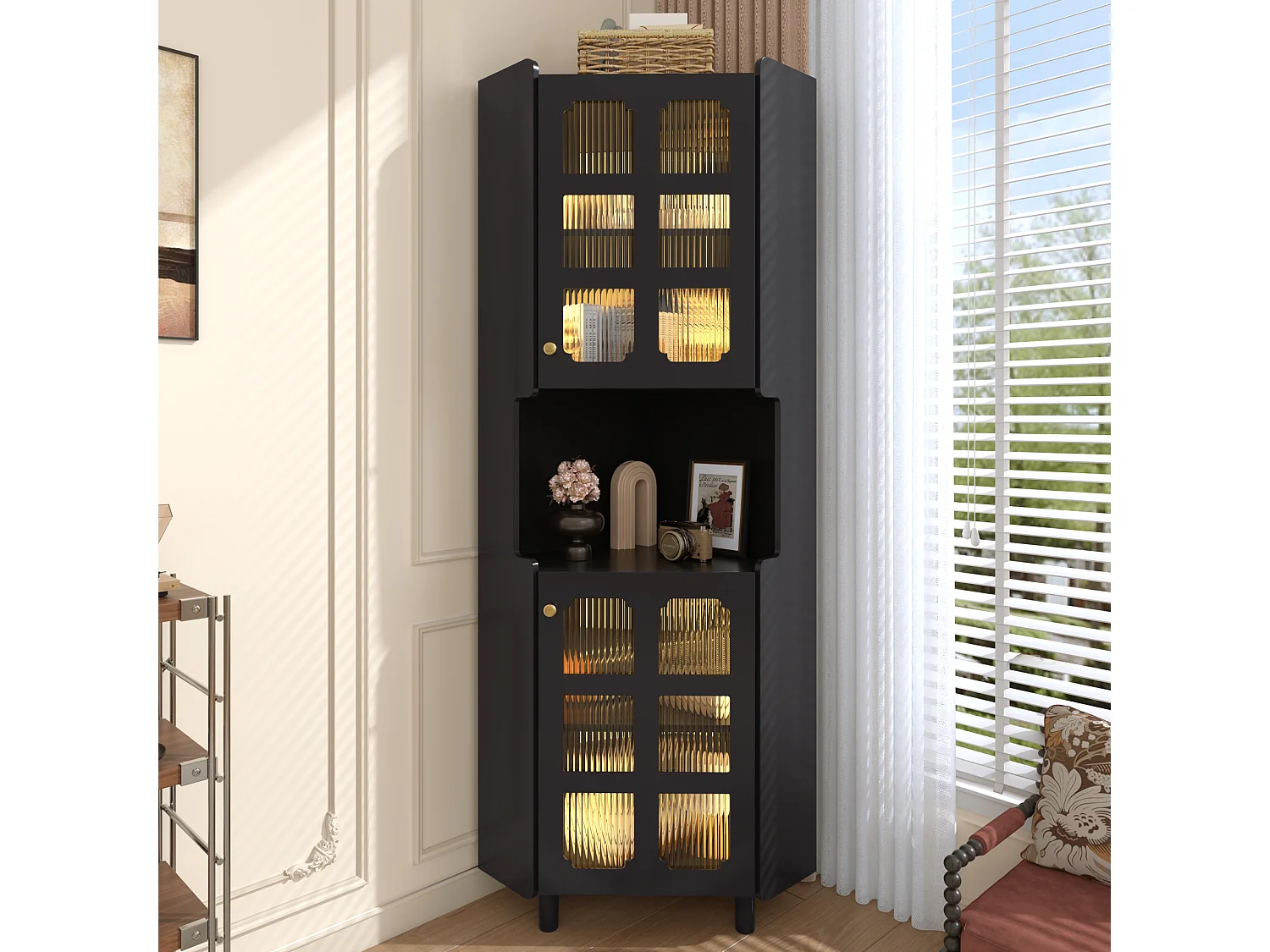 Lackierte Eckvitrine – 63,5 x 45 x 157,5 cm – mit LEDs, 2 Türen und Einlegeboden – MDF – schwarz