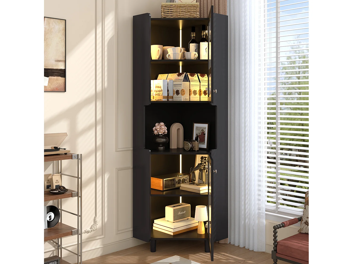 Lackierte Eckvitrine – 63,5 x 45 x 157,5 cm – mit LEDs, 2 Türen und Einlegeboden – MDF – schwarz
