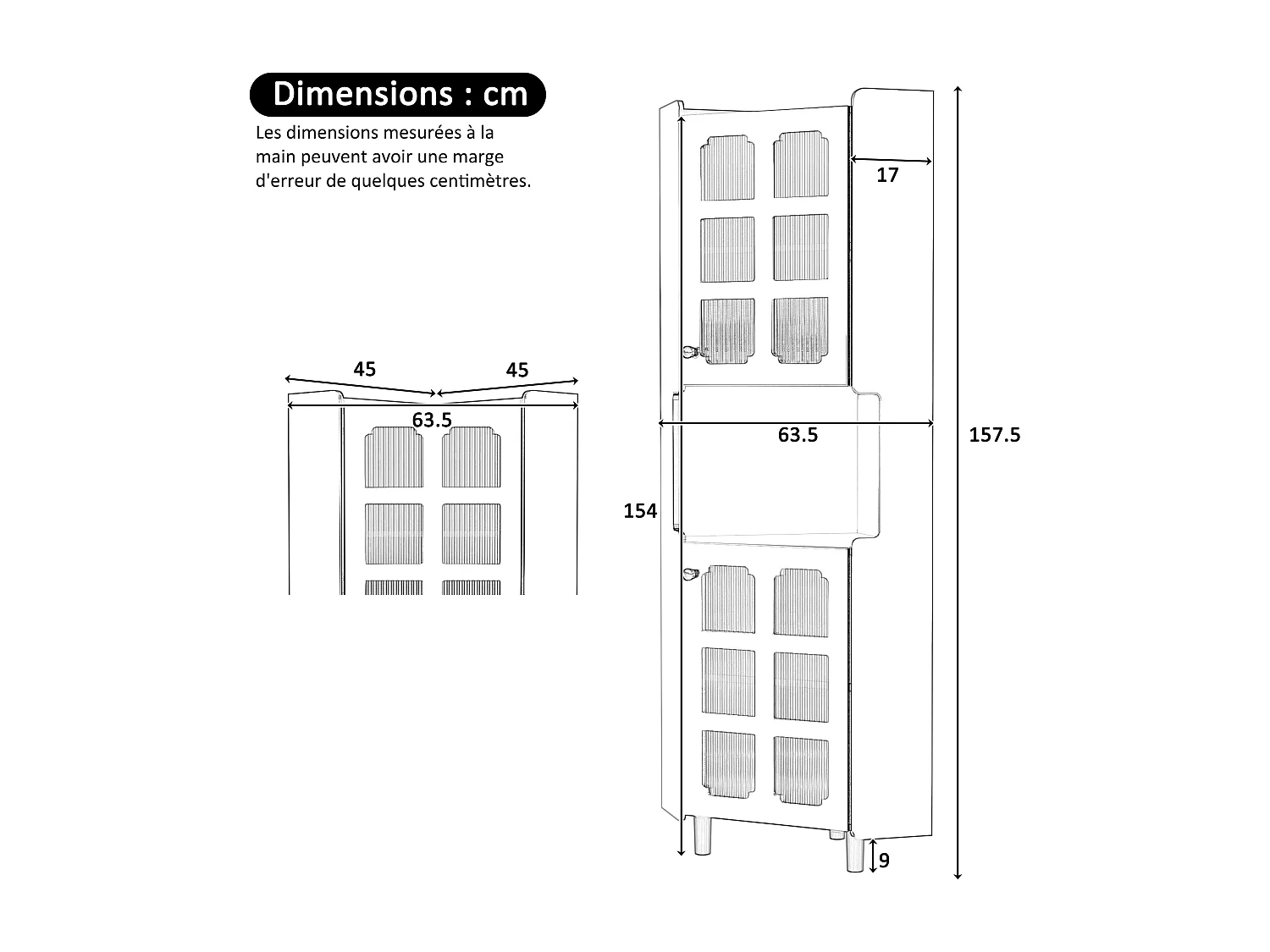 Lackierte Eckvitrine – 63,5 x 45 x 157,5 cm – mit LEDs, 2 Türen und Einlegeboden – MDF – schwarz