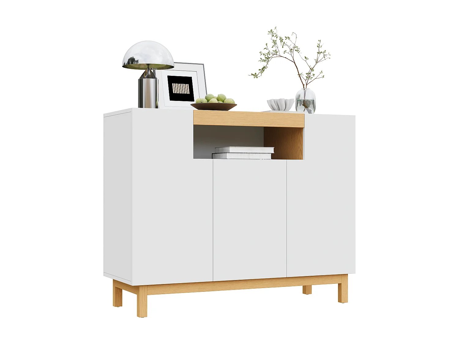 Nowoczesna komoda do salonu - 120,5 x 42 x 96 cm - z 3 drzwiami + półki - płyta wiórowa - biała