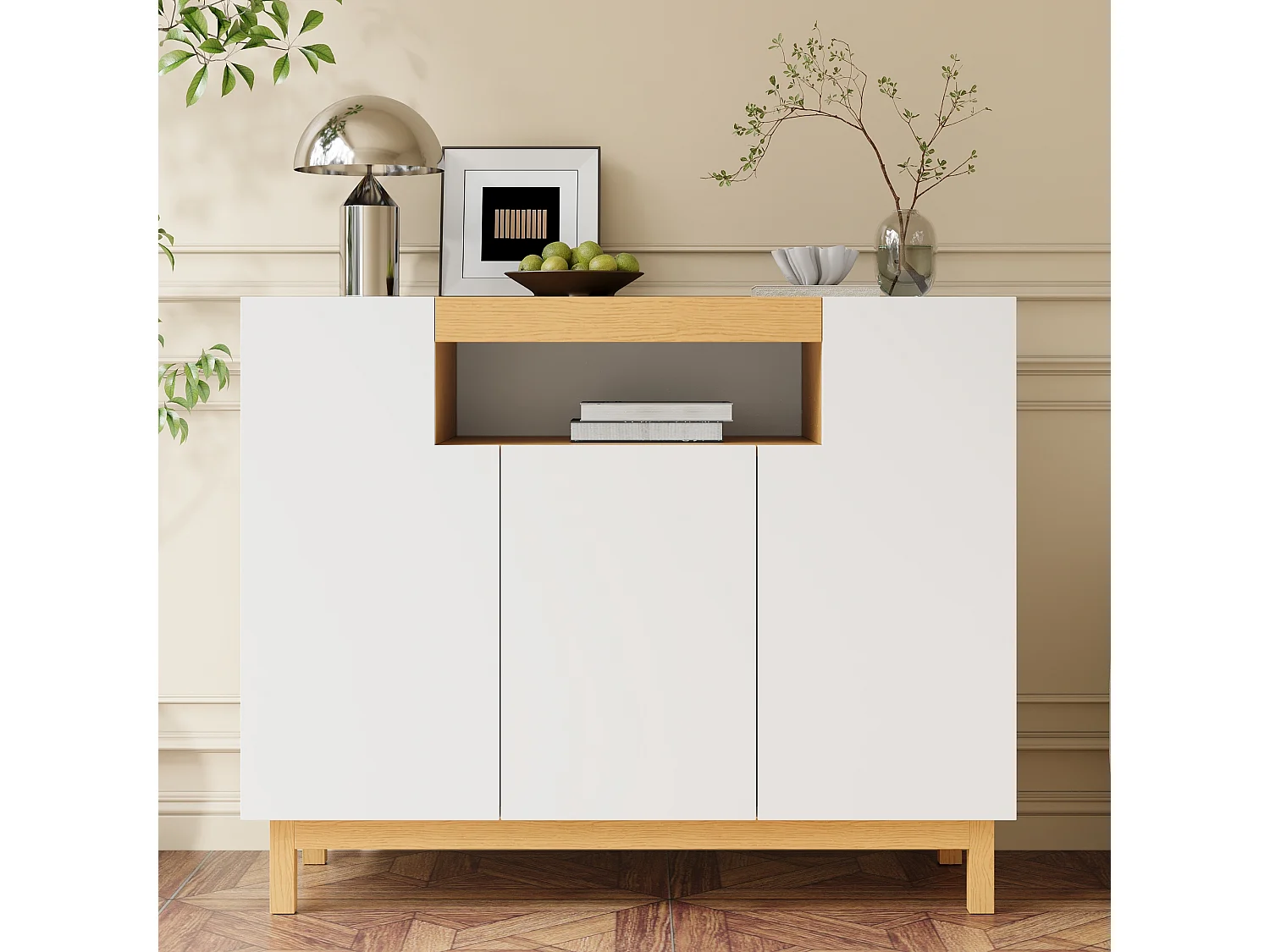 Nowoczesna komoda do salonu - 120,5 x 42 x 96 cm - z 3 drzwiami + półki - płyta wiórowa - biała