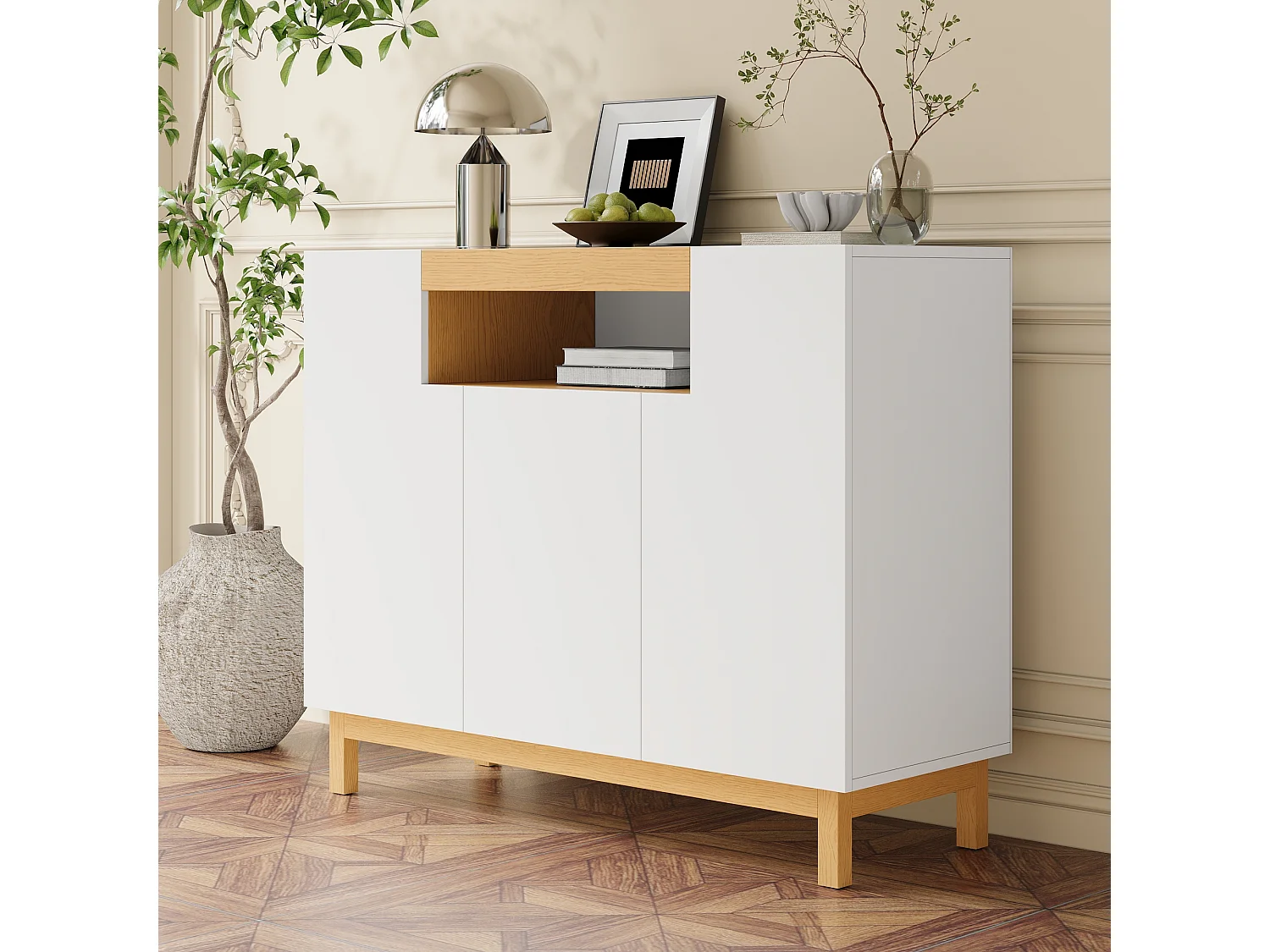 Nowoczesna komoda do salonu - 120,5 x 42 x 96 cm - z 3 drzwiami + półki - płyta wiórowa - biała