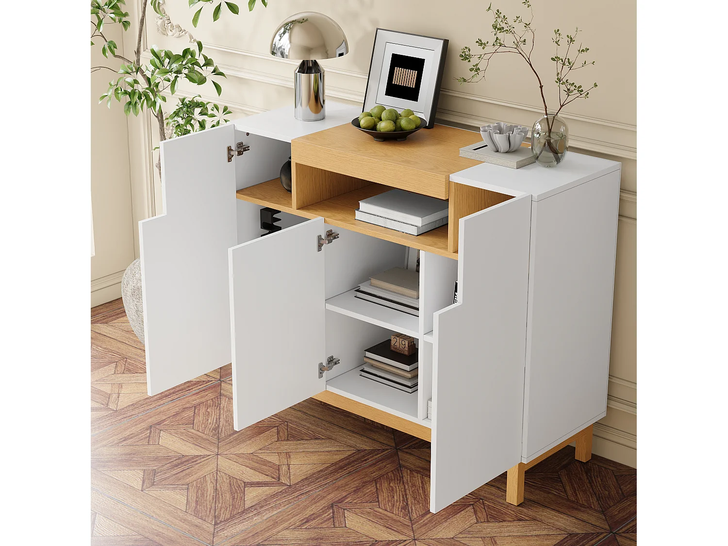 Nowoczesna komoda do salonu - 120,5 x 42 x 96 cm - z 3 drzwiami + półki - płyta wiórowa - biała