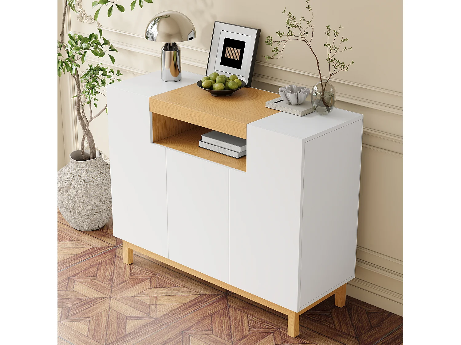 Nowoczesna komoda do salonu - 120,5 x 42 x 96 cm - z 3 drzwiami + półki - płyta wiórowa - biała