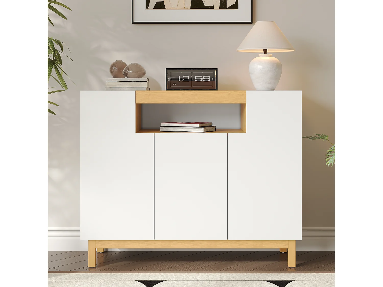 Nowoczesna komoda do salonu - 120,5 x 42 x 96 cm - z 3 drzwiami + półki - płyta wiórowa - biała