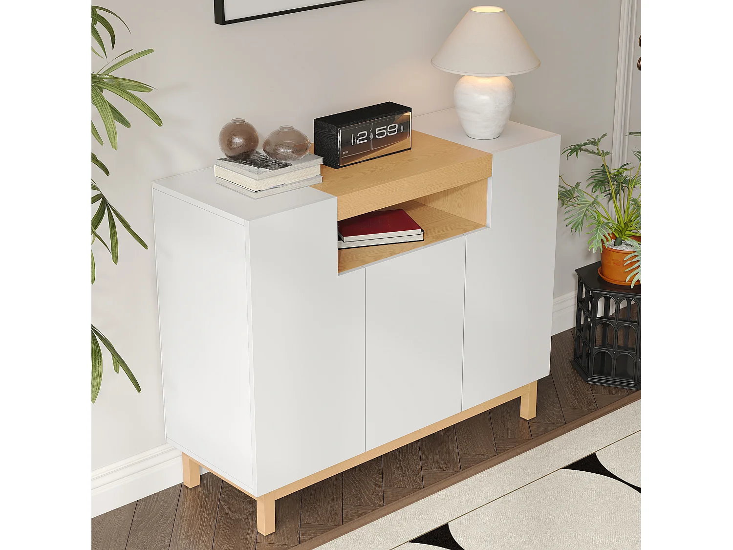 Nowoczesna komoda do salonu - 120,5 x 42 x 96 cm - z 3 drzwiami + półki - płyta wiórowa - biała