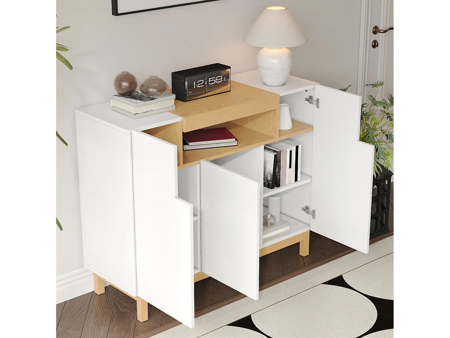 Nowoczesna komoda do salonu - 120,5 x 42 x 96 cm - z 3 drzwiami + półki - płyta wiórowa - biała