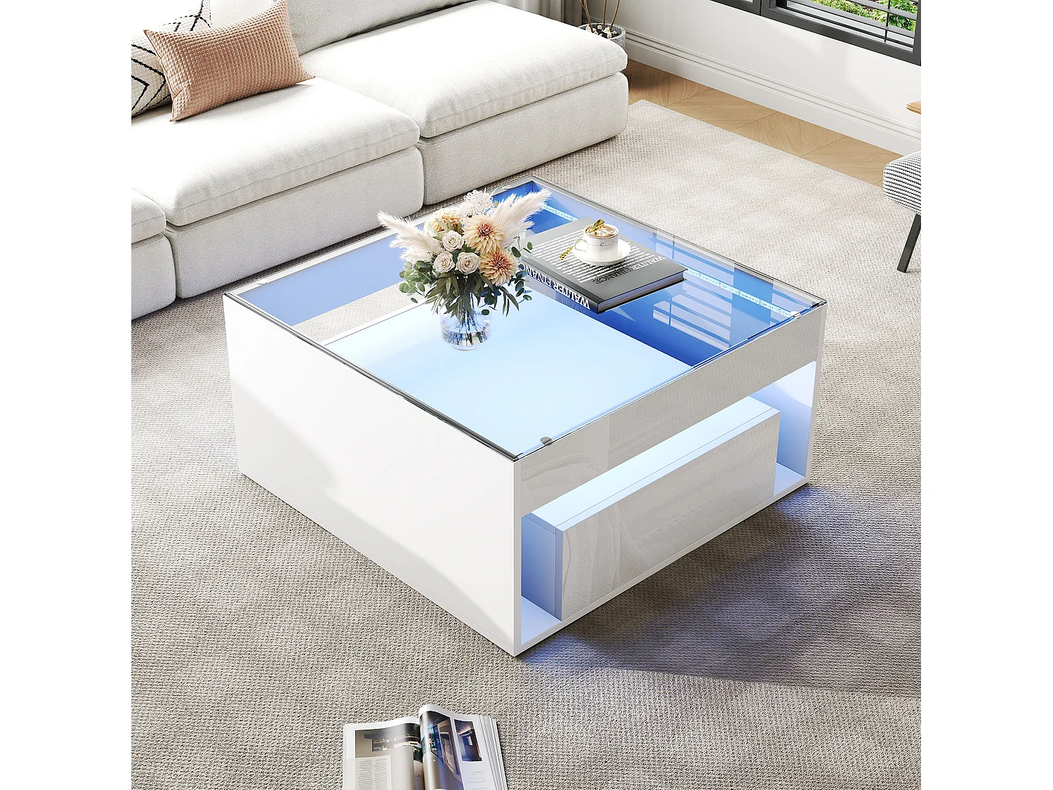 Hochglanzlackierter Couchtisch – 70 x 70 x 35 cm – mit 2 Schubladen + LED-Beleuchtung – Tischplatte aus gehärtetem Glas – MDF – weiß