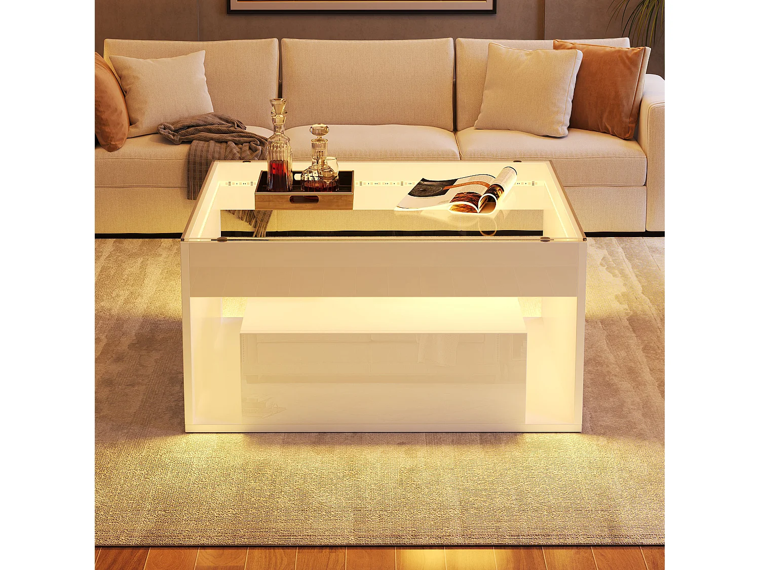 Hochglanzlackierter Couchtisch – 70 x 70 x 35 cm – mit 2 Schubladen + LED-Beleuchtung – Tischplatte aus gehärtetem Glas – MDF – weiß