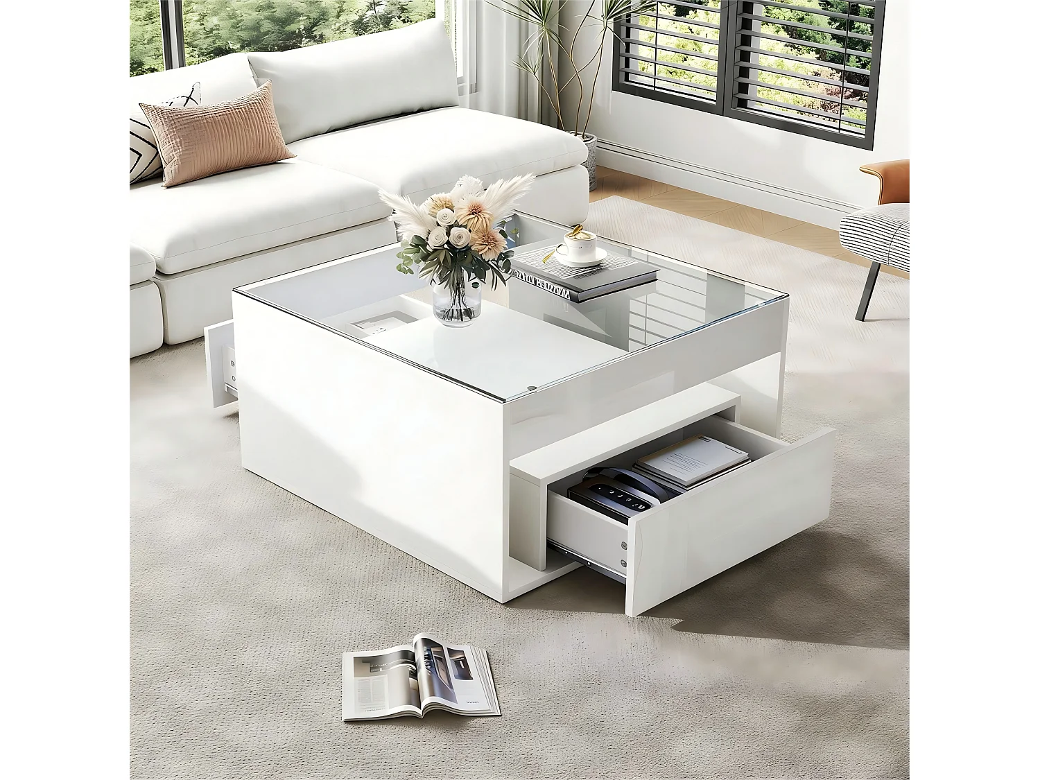 Hochglanzlackierter Couchtisch – 70 x 70 x 35 cm – mit 2 Schubladen + LED-Beleuchtung – Tischplatte aus gehärtetem Glas – MDF – weiß