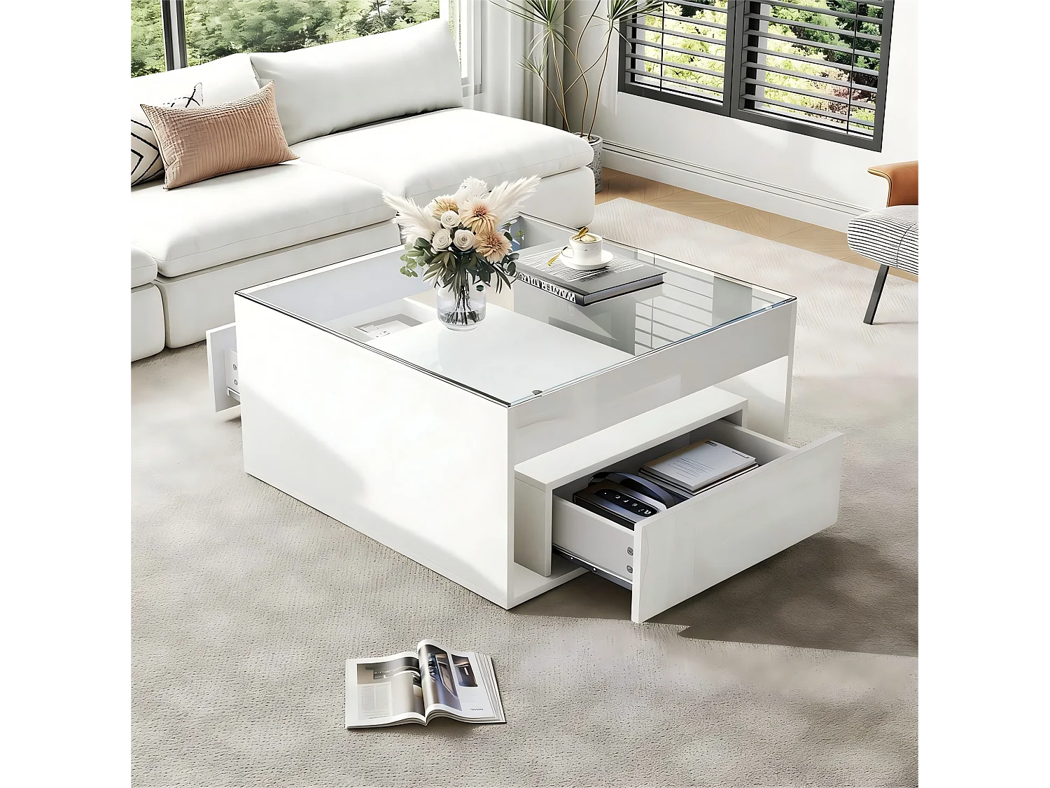 Table basse laquée brillante - 70 x 70 x 35 cm - avec 2 tiroirs + Leds - table ajourée en verre trempé - MDF - blanc