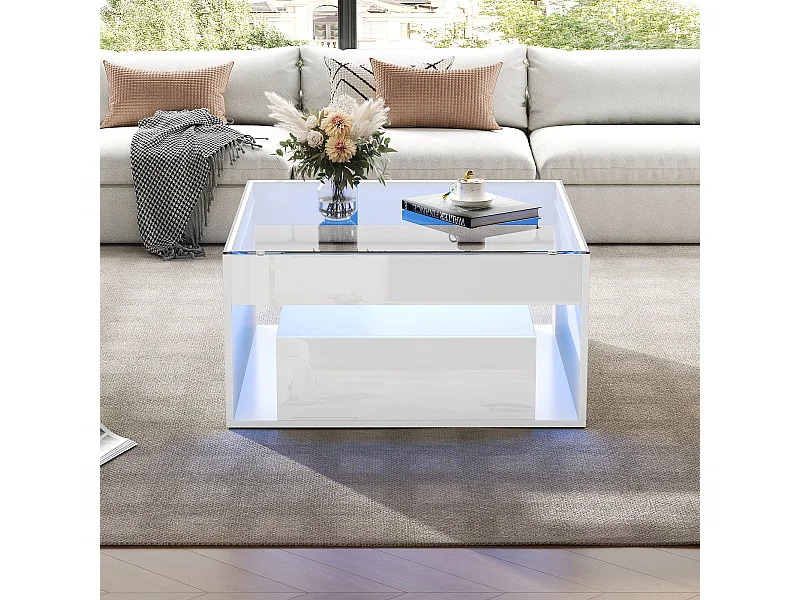 Hochglanzlackierter Couchtisch – 70 x 70 x 35 cm – mit 2 Schubladen + LED-Beleuchtung – Tischplatte aus gehärtetem Glas – MDF – weiß