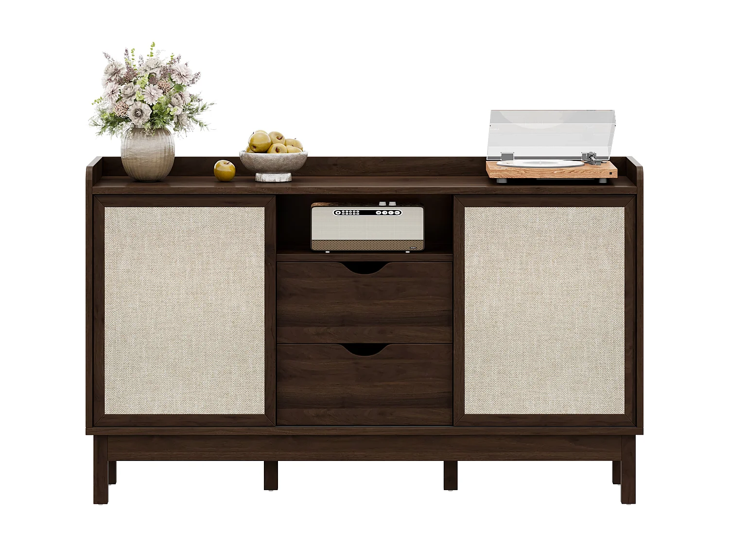 Modern dressoir voor de woonkamer - 150 x 39,5 x 80 cm - met schuifdeuren + 2 lades - spaanplaat - donker naturel