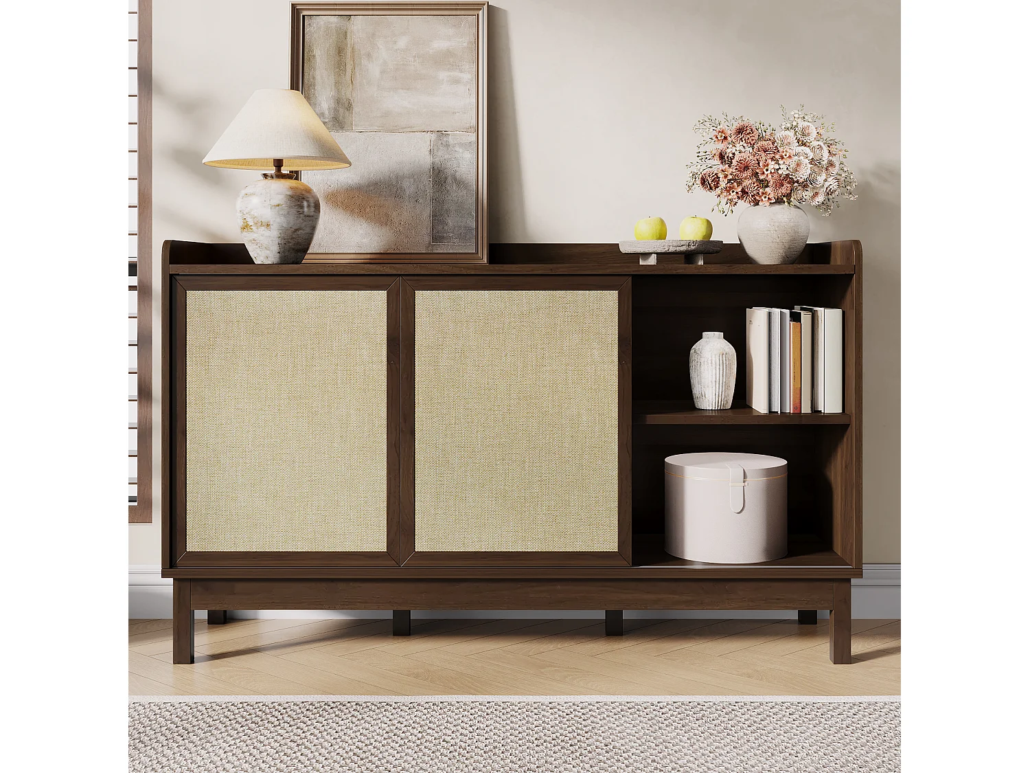 Modern dressoir voor de woonkamer - 150 x 39,5 x 80 cm - met schuifdeuren + 2 lades - spaanplaat - donker naturel